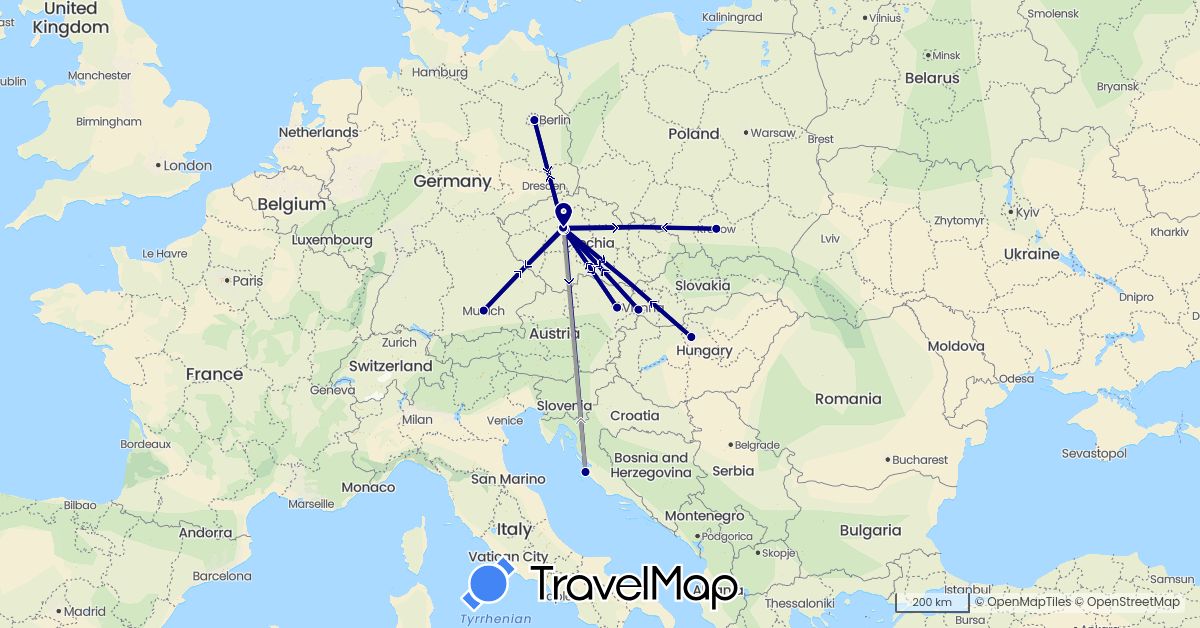 TravelMap itinerary: driving, plane in Austria, Czech Republic, Germany, Croatia, Hungary, Poland, Slovakia (Europe)